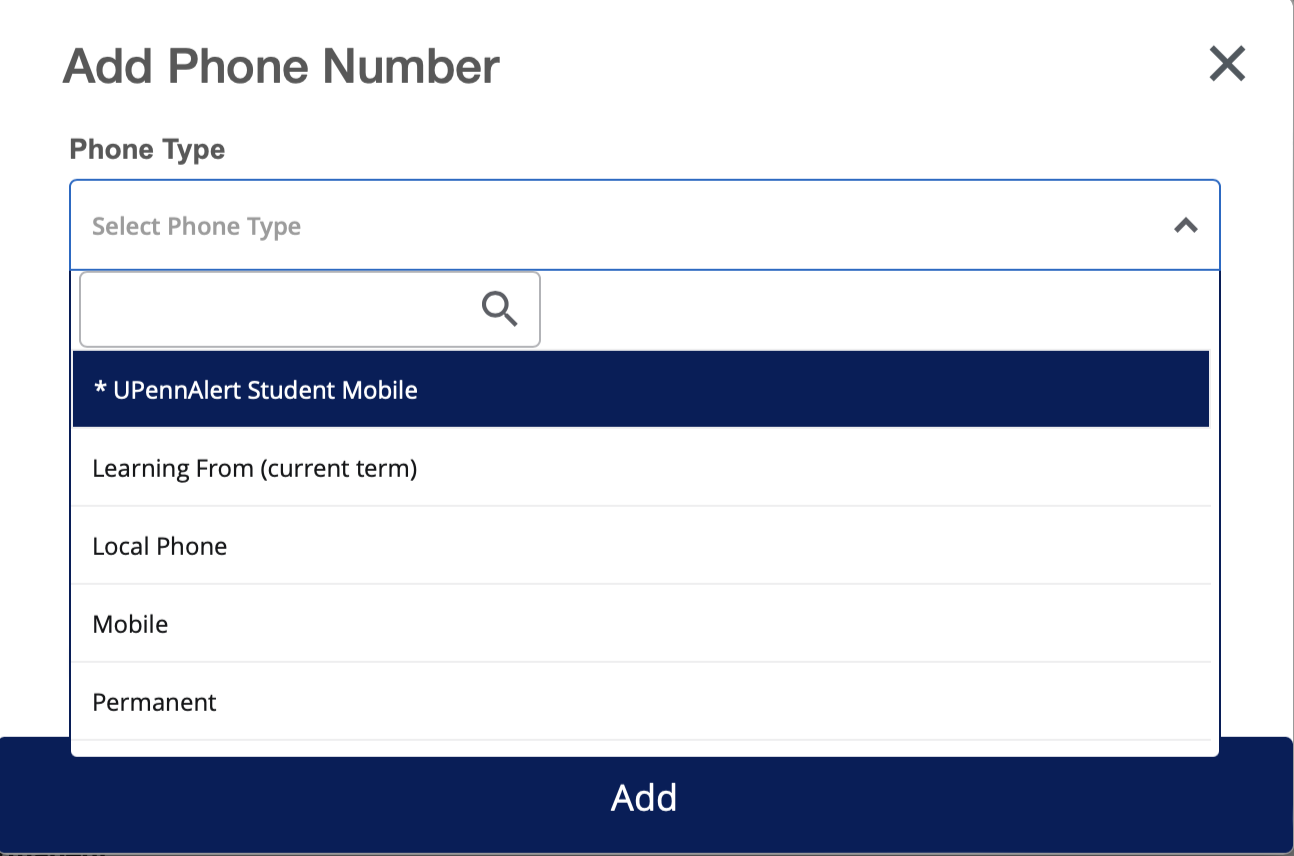 Screenshot of how to choose UPennAlert Student Mobile phone number